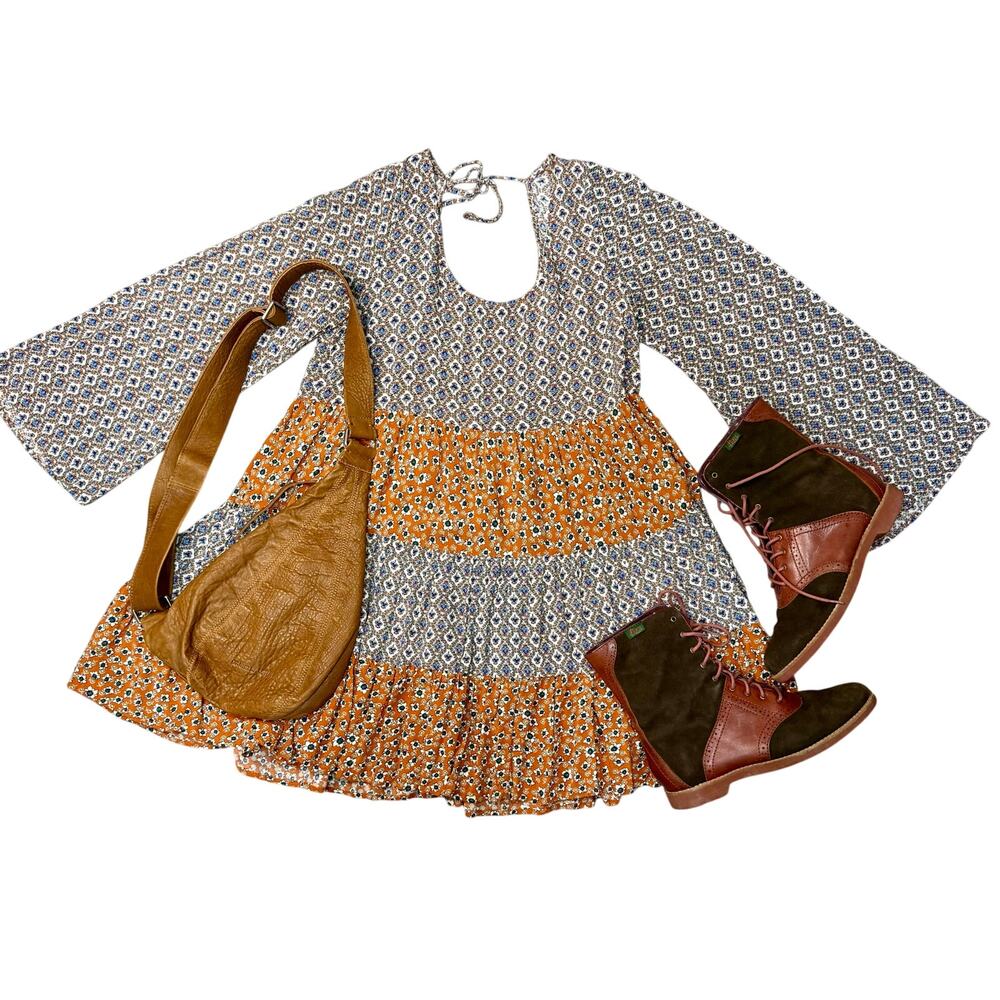 Umgee Boho Tiered Mini Dress Tunic S | Mixed Print Bell Sleeve Rust Orange Gray